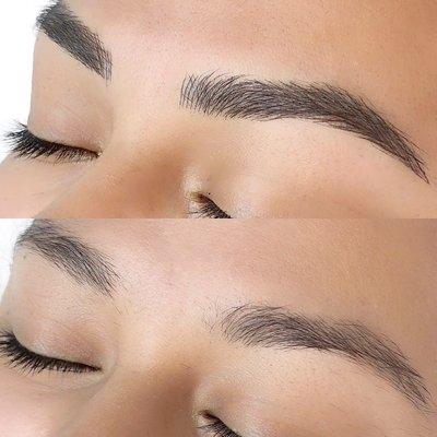 Microblading before and right after, results fade by 30-50%.