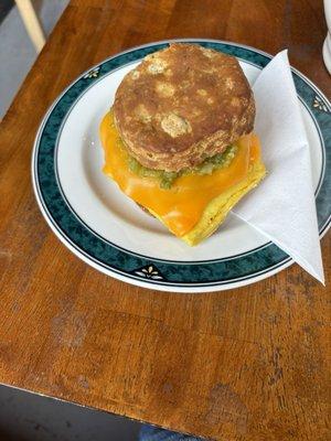 Vegan chorizo biscuit sandwich.