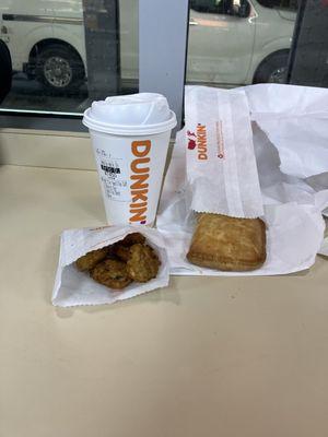 Sausage, Egg & Cheese Breakfast Empanada, Hash Browns. & Cinnamon Vanilla Coffee