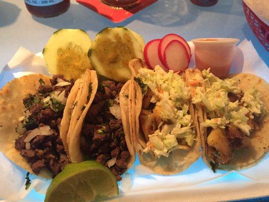 Two fish tacos, two carve asada for $8.