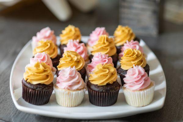 Chocolate and vanilla cupcakes with pink and gold frosting