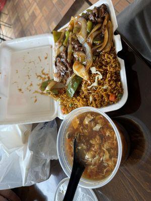 Hot and sour soup and Pepper Steak with Onion, very good