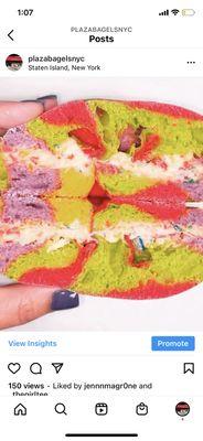 Rainbow bagel with fruity pebbles cream cheese!!