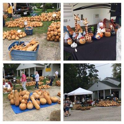 Gravel walkway with displays on the lawns as you enter the Gourd Show.