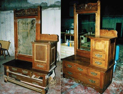 Before and after restoration of an antique gentleman's dresser.