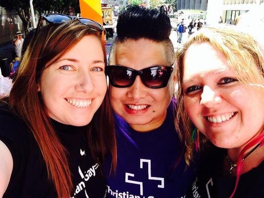 Waiting for our float to start going down Market Street during Pride in June of 2014!