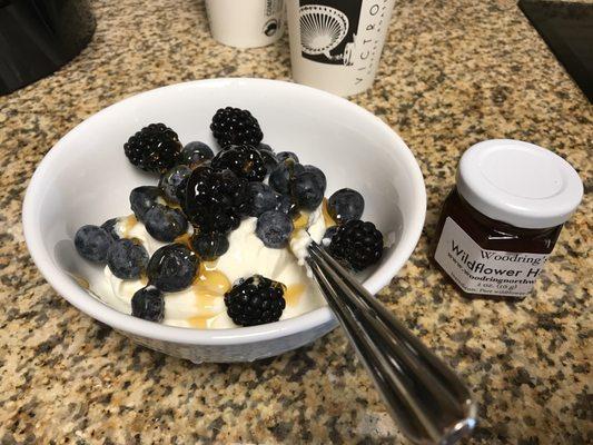 Eating my bounty from the market OMG homemade yogurt w/blueberries and THIS amazing wild honey..going to buy a bigger jar!