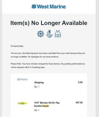 Order cancelled and "No Longer Available" on September 15th