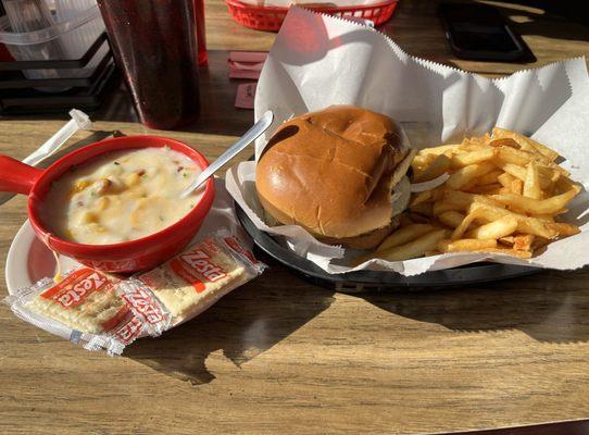 Potato soup, single cheeseburger with onion and french fries.