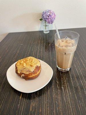 Peanut butter banana doughnut and iced mocha