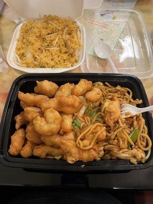 Sweet and sour chicken and chicken lo mein and fried rice