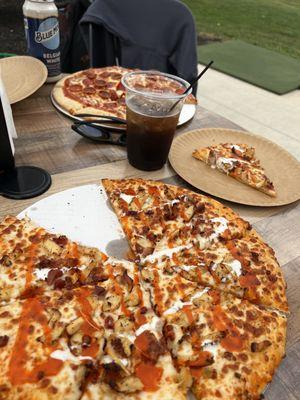 Buffalo chicken pizza and pepperoni pizza...oh and someone's Jack and Coke