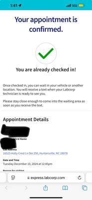 LabCorp mobile check-in indicating that you can wait in your vehicle and will receive a text when the technician is ready.