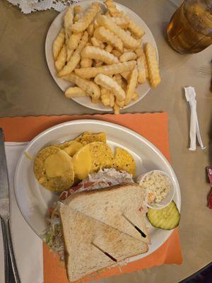 Tuna sandwich with fresh French fries, sweet tea