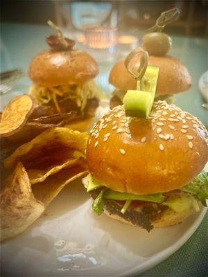 Sliders and homemade sweet potato chips