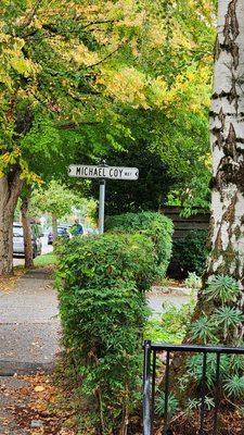 Cool signage at parking lot entrance. Was a former long time indie bookseller Bailey Coy/MCoy Books on Capitol Hill (9/26/24)