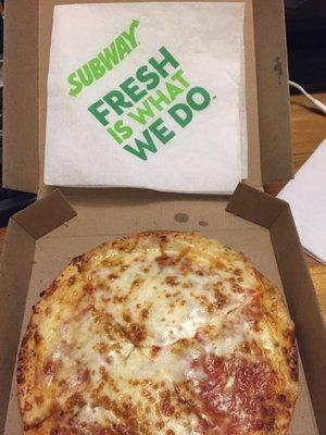 Just tried one of Subways $5 cheese pizzas. Delicious mozzarella cheese and a crispy crust.