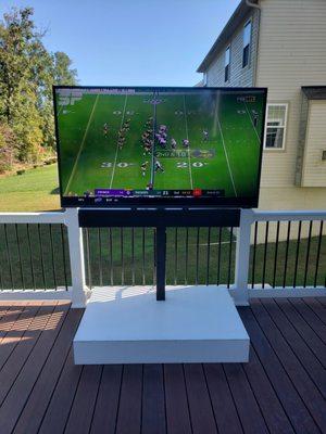 We are an authorized Samsung reseller. The new Samsung Terrace 65-inch TV on custom built pedastal on a deck.