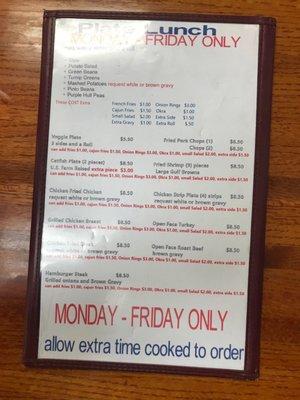 Menu lunch specials.