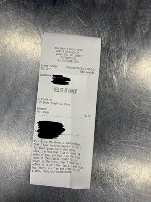 Receipt of payment ($32.50 for 25 items)