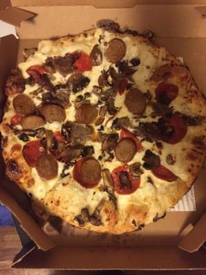 Garlic Parmesan sauce with sliced sausage, pepperoni, philly steak and mushrooms