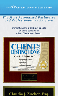 Claudia Zucker is awarded the Client Distinction Award for being responsive, helpful and a good value to her customers.