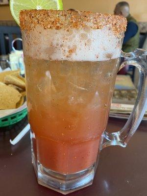 A nice large Michelada. They use Clamato juice.