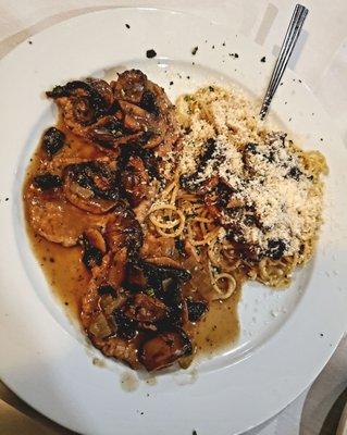 Scaloppine di Vitello ai Funghi, in Marsala wine sauce w/ Spaghetti and plenty of Pecorino Romano