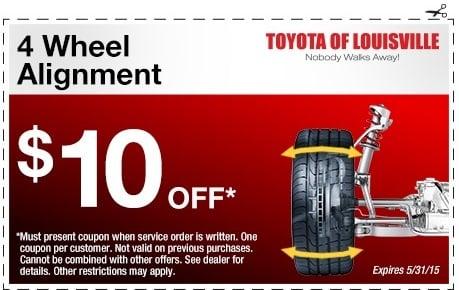 $10 Off Wheel Alignment. See Dealer w/Details. Expires 5/31/2015