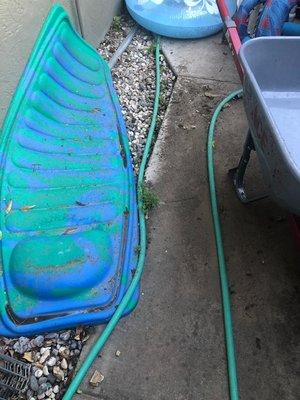 Sprayed dirt all over the pool toys and by pool equipment and left it.