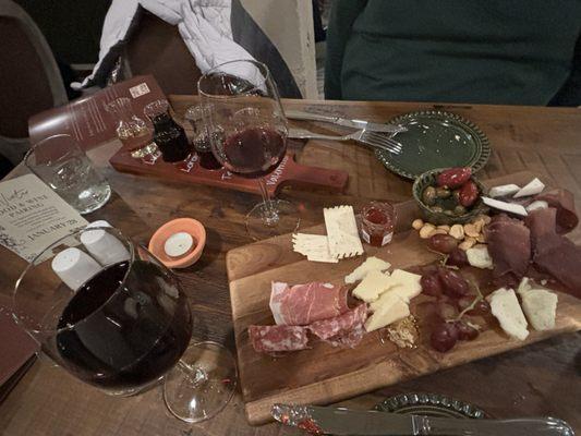 Antipasti charcuterie, Barbera wine and the Folino wine flight.