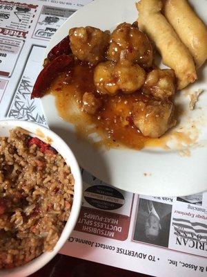 General Tso chicken with pork fried rice and chicken fingers