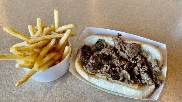 "Star of the Show" cheesesteak minus peppers and onions, with French fries