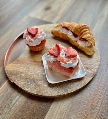 Strawberry tres leches, strawberry cupcake and strawberries & cream croissant