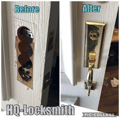 Fresh installation of new Baldwin lock set on the door. another Chronic Client