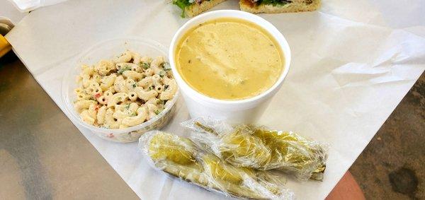 Mac Salad, White Cheddar Poblano Soup and Fixings "Pickle Spear and Two Peppercini's" Per Bag