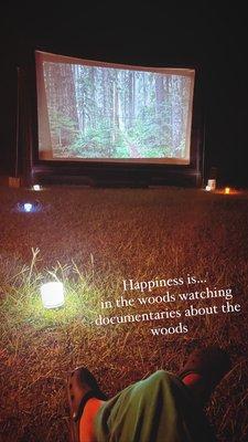 Movies in the woods with blow-up movie screen