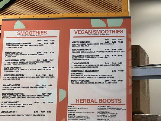 Vegan smoothies menu