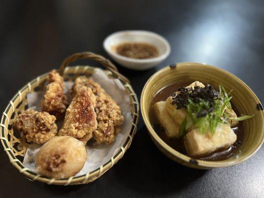 Karaage with garlic sauce (in back) [left] and agedashi tofu [right]