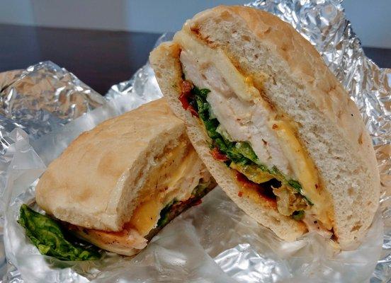 Chicken Apple Panini: grilled chicken breast, gouda, white cheddar, apple, bacon, mixed greens and honey-mustard or ranch (I had h-m).