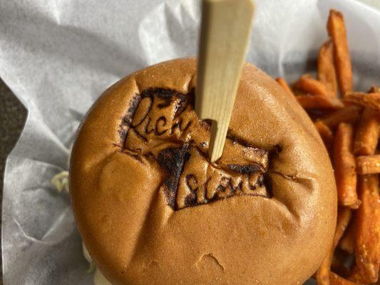 Top of each hamburger bun has Rich Island branded into it, nice personal touch