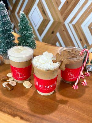 Banana Foster Latte, Gingerbread Latte, and Peppermint Mocha Latte