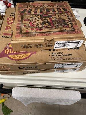 Boxes pizza and breadsticks came in