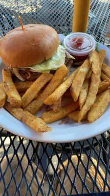 Burnout burger, add onions comes with fries $12.74