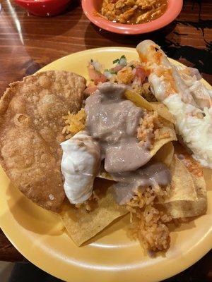 Fried taco   Nachos. Rice and beans enchilada with pico