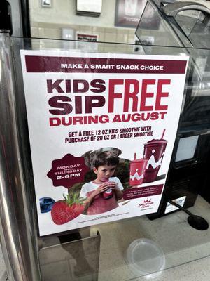 Kids sip free Monday-Thursday with purchase of smoothie in August