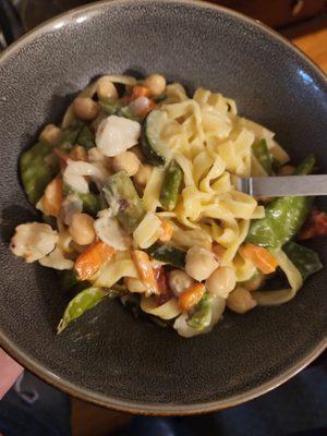 Made this at home too. Veggies, chickpeas, and pasta with a very light sauce w low sodium seasonings.