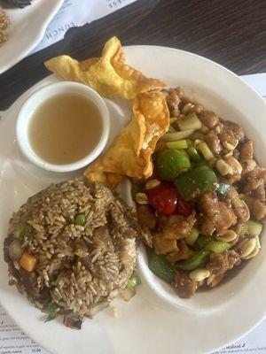 Szechuan, chicken beef, fried rice and crab Rangoon luncheon special