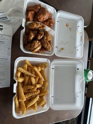 20(+) Boneless Wings (Buffalo Hot on top, Stingin' Honey Garlic on the bottom) and a Large French Fry