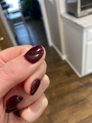 Top coat carelessly taken off with acetone, dented